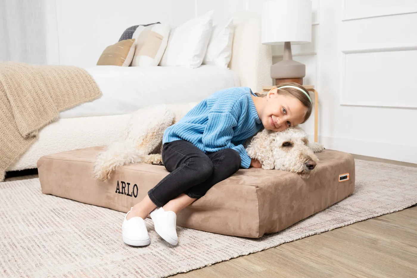 pet model and full body model on a beige backdrop